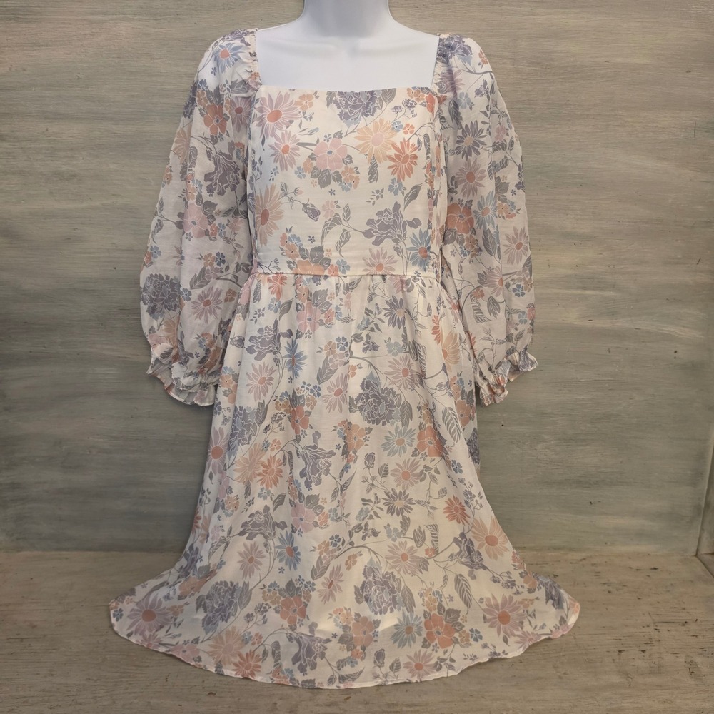 Multicolor Pastel Floral Print Square Neck Knee Length Aline Dress Size XXL LN